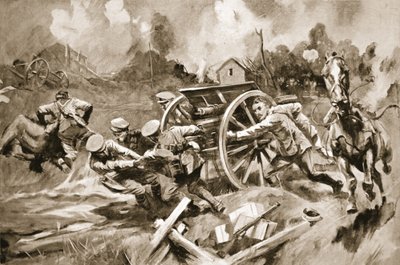Hufschmied-Sergeant T. Harrison rettet Pferde und Geschütze aus einer unhaltbaren Position unter Granatfeuer, als der kommandierende Offizier verwundet wurde von Howard K. Elcock