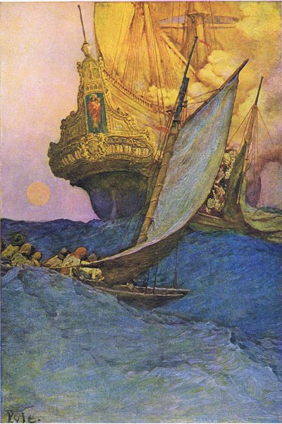 Ein Angriff auf eine Galeone, aus Howard Pyles Buch der Piraten, veröffentlicht von Harper & Bros, 1921 von Howard Pyle