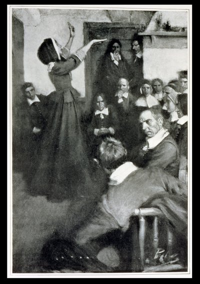Anne Hutchinson predigt in ihrem Haus in Boston, 1637, Illustration aus 