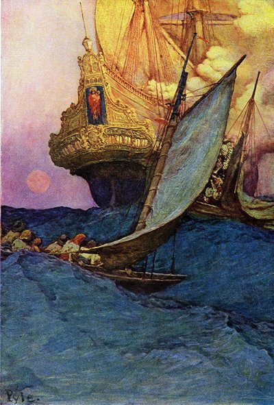 Angriff auf eine Galeone durch Piraten. „Buch der Piraten, Buccaneers und Marooners des spanischen Main“ von Howard Pyle (1853-1911), amerikanischer Illustrator von Howard Pyle