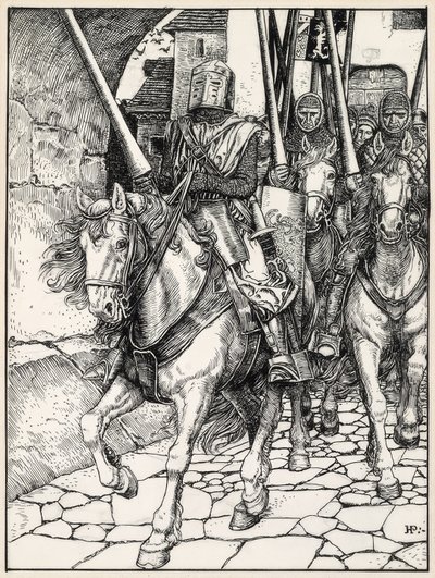Fort ritten sie mit klirrenden Hufen und klingender Rüstung von Howard Pyle