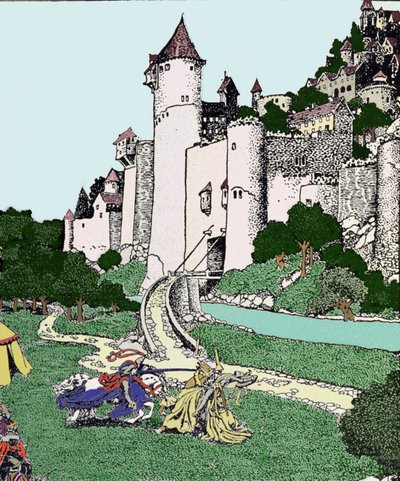 König Artus und der schwarze Ritter kämpfen im Hof von Camelot (Illustration von Howard Pyle) von Howard Pyle