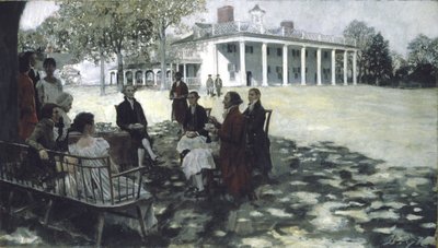 Martha und George Washington unterhalten ihre Freunde auf dem Rasen von Mount Vernon, 1898 von Howard Pyle