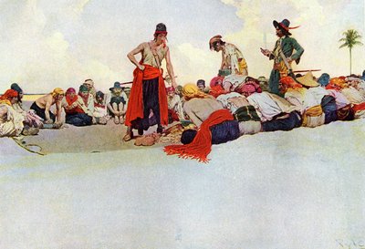 Aufteilung des Schatzes unter den Piraten, die im Kreis versammelt sind. Illustration aus „Book of Pirates Buccaneers and Marooners of the Spanish Main“ von Howard Pyle (1853-1911), amerikanischer Illustrator von Howard Pyle