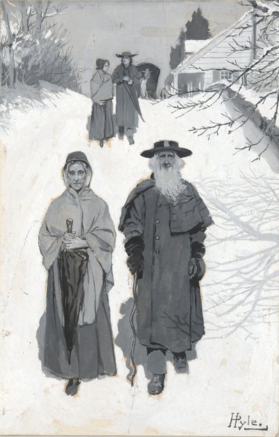 Die Dunkers - Auf dem Weg zum Treffen, Zeichnung einer Illustration, veröffentlicht in Harper von Howard Pyle