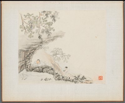 Album mit Landschaftsmalereien, die alte Gedichte illustrieren: Ein Mann liegt unter einem felsigen Überhang; ein Junge steht rechts von ihm von Hua Yan