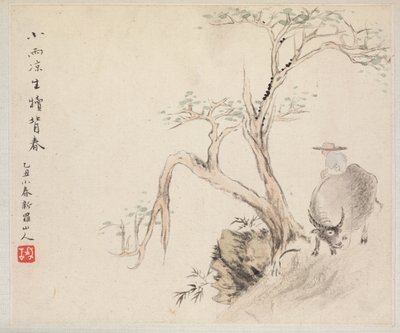 Album mit Landschaftsmalereien, die alte Gedichte illustrieren: Ein Mann sitzt auf einem Wasserbüffel von Hua Yan