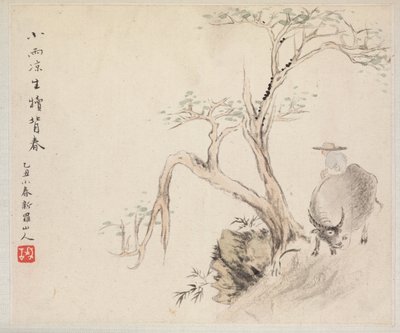 Album mit Landschaftsgemälden, die alte Gedichte illustrieren: Ein Mann sitzt auf einem Wasserbüffel, 1700er von Hua Yan
