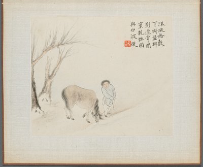 Album mit Landschaftsmalereien, die alte Gedichte illustrieren: Ein Mann und ein Pferd an einem Bach von Hua Yan