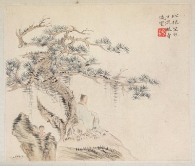 Album von Landschaftsgemälden, die alte Gedichte illustrieren: Ein alter Mann sitzt unter einem Kiefernbaum..., 1700er Jahre von Hua Yan
