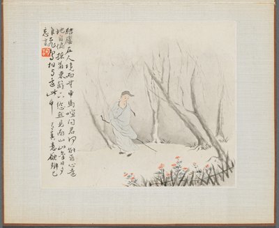 Album mit Landschaftsmalereien, die alte Gedichte illustrieren: Ein alter Mann mit einem Stab geht einen bewaldeten Pfad entlang von Hua Yan