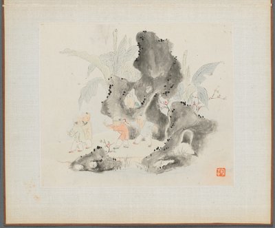Album mit Landschaftsmalereien, die alte Gedichte illustrieren: Kinder spielen in einem felsigen Hain von Hua Yan