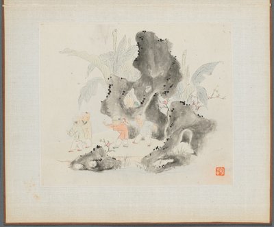 Album von Landschaftsgemälden, die alte Gedichte illustrieren: Kinder spielen in einem felsigen Hain, 1700er von Hua Yan