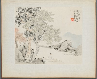 Album von Landschaftsgemälden, die alte Gedichte illustrieren: Drei große Bäume, ein Bach..., 1700er Jahre von Hua Yan