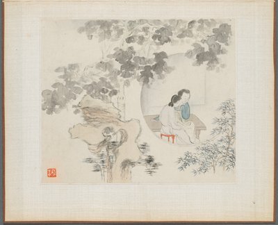 Album mit Landschaftsmalereien, die alte Gedichte illustrieren: Zwei Frauen sitzen an einem Tisch innerhalb eines Kreises, der in einer Landschaft sichtbar ist von Hua Yan