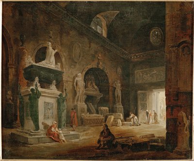 Ansicht eines Saals des Museums der französischen Denkmäler von Hubert (circle of) Robert