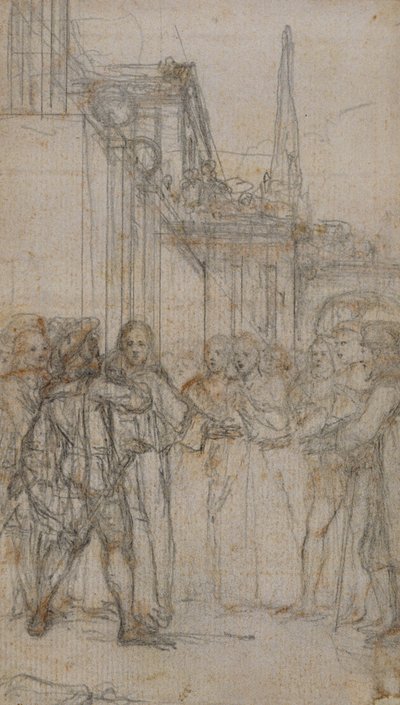 Literarische Illustration: Mann mit Schwert konfrontiert Gruppe von Figuren vor Gebäude von Hubert Francois Gravelot