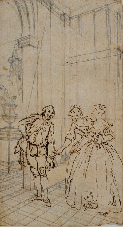 Literarische Illustration mit Gentleman und zwei Damen im Innenraum von Hubert Francois Gravelot