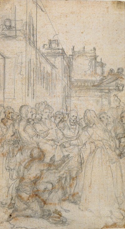 Literarische Illustration mit Gruppe von Figuren, die einen Mann anflehen von Hubert Francois Gravelot