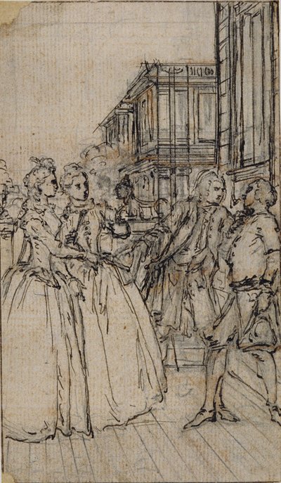 Literarische Illustration mit zwei Damen und zwei Herren auf einer Straße von Hubert Francois Gravelot