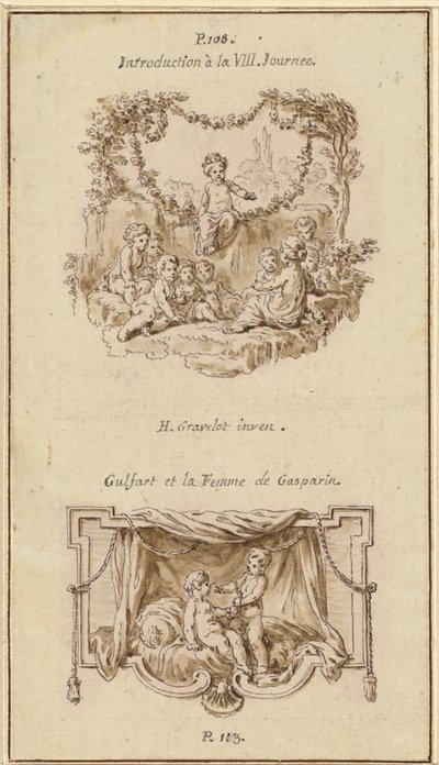Neun Kinder hören einem Mädchen zu, das eine Geschichte erzählt; Ein Junge überreicht einem auf einem Bett sitzenden Mädchen eine Geldbörse von Hubert Francois Gravelot