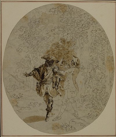 Studie für eine nie veröffentlichte zweite Ausgabe von Colles "La Partie de Chasse de Henri IV", Akt II, Szene 11 von Hubert Francois Gravelot