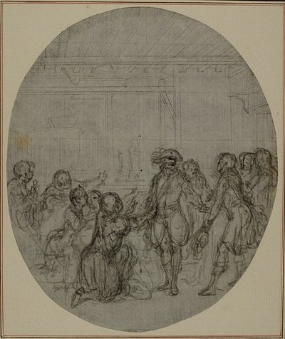 Studie für eine nie veröffentlichte zweite Ausgabe von Colles "La Partie de Chasse de Henri IV", Akt III, Szene 13 von Hubert Francois Gravelot
