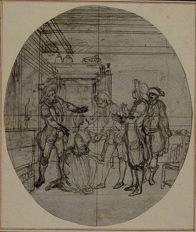 Studie für eine nie veröffentlichte zweite Ausgabe von Colles "La Partie de Chasse de Henri IV", Akt III, Szene 11 von Hubert Francois Gravelot