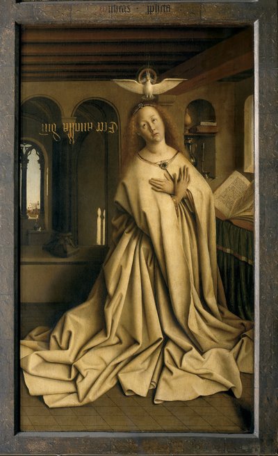 Der Engel Gabriel überbringt Maria die Botschaft, Detail vom geschlossenen Genter Altar von Hubert & Jan van (1390 1441) Eyck