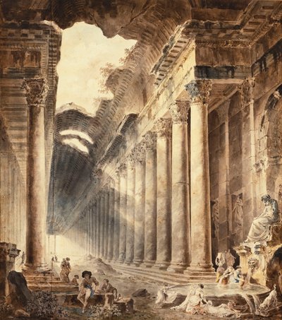 Ein Kolonnaden-Thermalgebäude, das Dach teilweise offen zum Himmel, mit Mädchen, die an einem Brunnen unter einer Statue Wäsche waschen von Hubert Robert