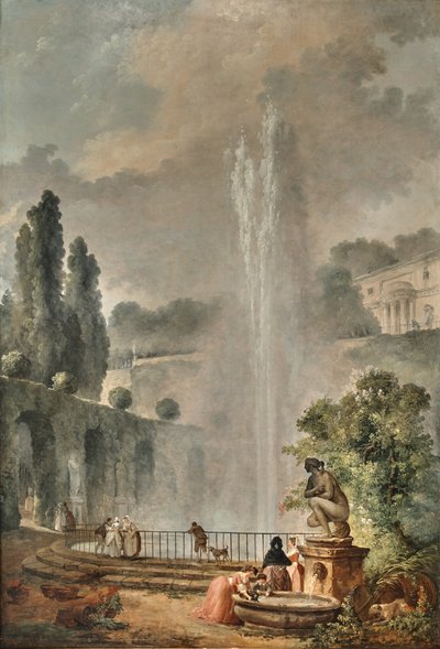 Ein Gartenlandschaft mit einer Villa mit Blick auf einen großen Brunnen von Hubert Robert