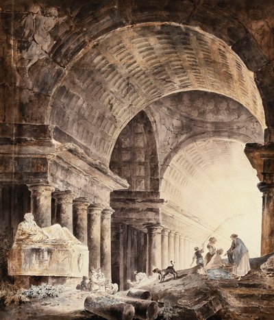 Ein großes kreuzgewölbtes Gebäude mit Frauen und Kindern und einem Hund bei zerbrochenen Säulen von Hubert Robert
