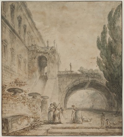 Ein Palast mit einer Bogenbrücke Eine römische Villa, 1760 von Hubert Robert