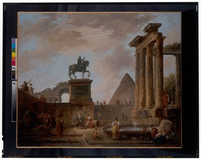 Ein Capriccio mit Troubadouren und Wäscherinnen an einem Becken zwischen römischen Ruinen, dahinter eine Pyramide, ca. 1780 von Hubert Robert
