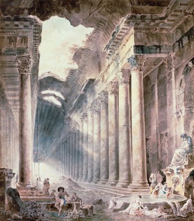 Ein Kolonnaden-Thermalgebäude, das Dach teilweise offen zum Himmel, mit Mädchen, die Kleidung waschen von Hubert Robert