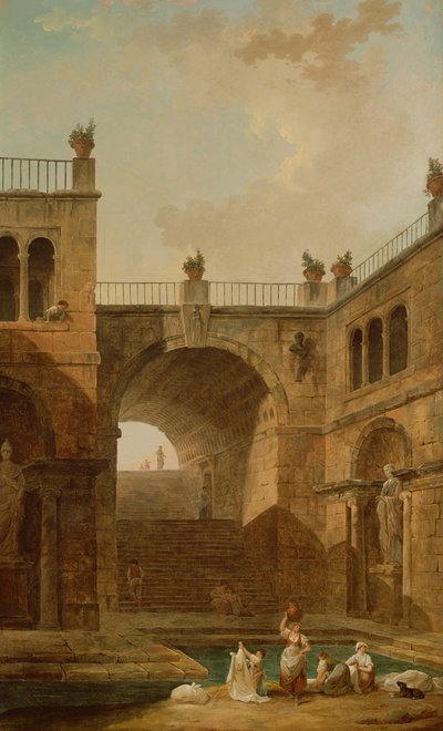 Architekturszene mit Frauen, die Kleidung an einem Pool waschen von Hubert Robert