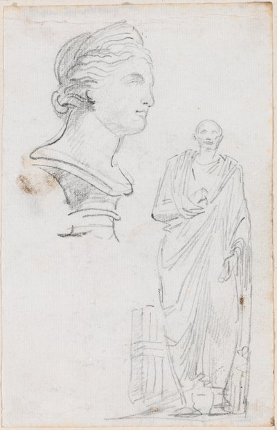 Büste einer römischen Frau und Statue eines römischen Mannes von Hubert Robert