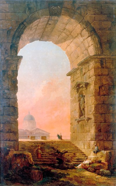 Landschaft mit einem Bogen und der Petersdom in Rom, 1773 von Hubert Robert