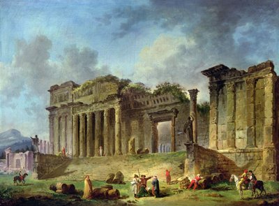 Mann skizziert die Ruinen eines klassischen Tempels von Hubert Robert