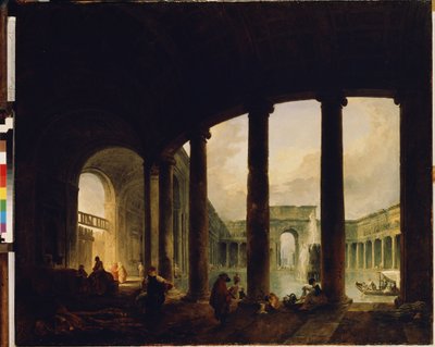 Ein Becken umgeben von einer Kolonnade (Villa Giulia?) von Hubert Robert