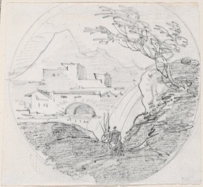 Blick von einem Bergrücken auf ein Dorf und einen fernen Berg von Hubert Robert