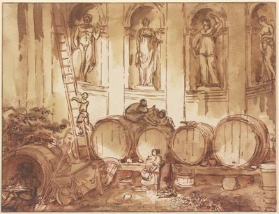 Weinlager in einer Nischenhalle mit vier Statuen antiker Gottheiten von Hubert Robert