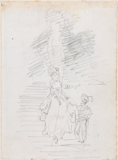 Frau und kleinere männliche Figur auf großer Treppe [recto] von Hubert Robert