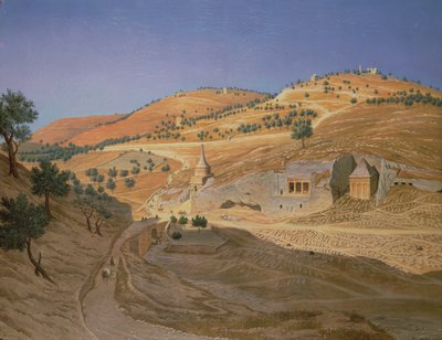 Hügelige Landschaft mit Arabern und einem zerstörten Tempel von Hubert Sattler