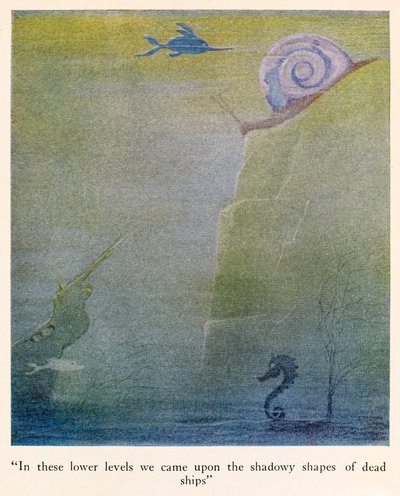 "In diesen unteren Ebenen stießen wir auf die schattenhaften Formen toter Schiffe" Illustration aus Die Reisen des Doktor Dolittle von Hugh Lofting