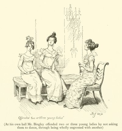 Auf seinem eigenen Ball beleidigte Mr. Bingley zwei oder drei junge Damen, indem er sie nicht zum Tanzen aufforderte, da er völlig von einer anderen in Anspruch genommen war (Gravur) von Hugh Thomson