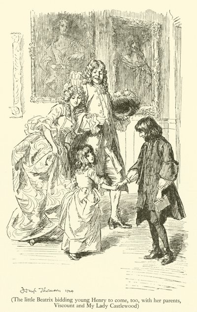 Die kleine Beatrix fordert den jungen Henry auf, mit ihren Eltern, Viscount und My Lady Castlewood, zu kommen (Gravur) von Hugh Thomson