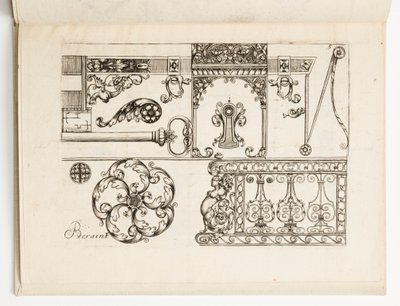 Platte 5, aus Diverses pièces de serruriers (Verschiedene Entwürfe für Schlosser) von Hugues Brisville