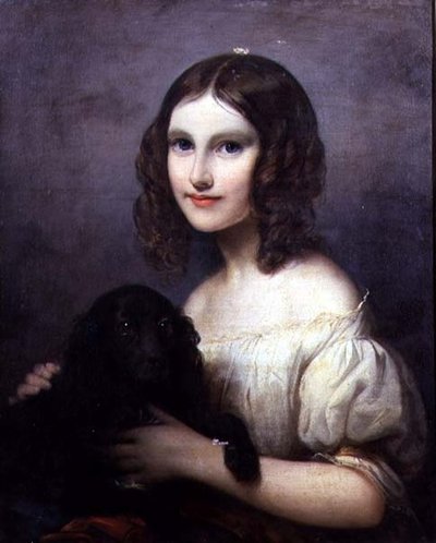 Porträt eines jungen Mädchens mit ihrem Haustierhund von Hugues Merle
