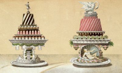 Entwurf für die Präsentation von Charlottes à la Reine & Pain de Framboises à la Leda, Illustration aus einem ungarischen Kochbuch über die französische Küche, ca. 1880 von Hungarian School